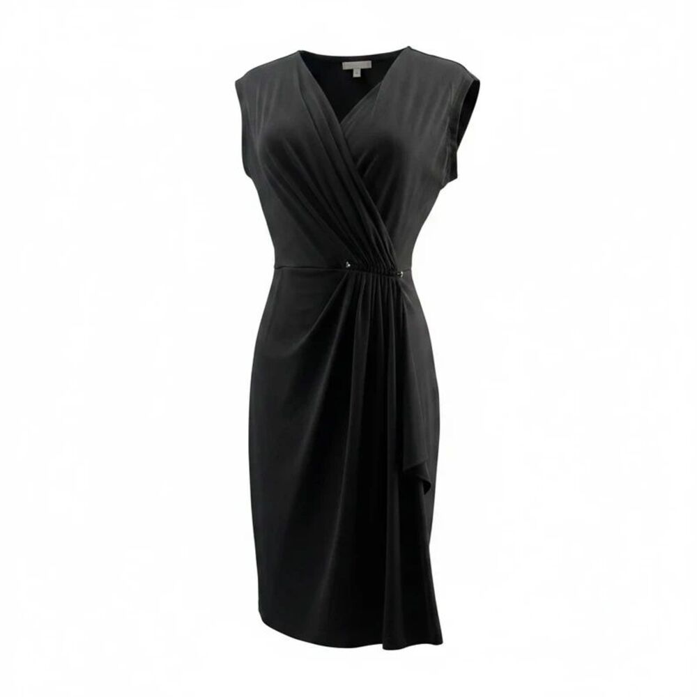 Michael Kors Dress Women Small Black Ruched Pleated Faux Wrap V Neck Sheath Z